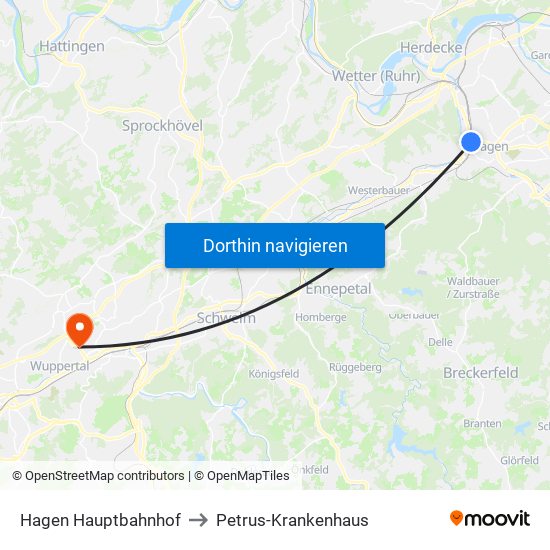 Hagen Hauptbahnhof to Petrus-Krankenhaus map