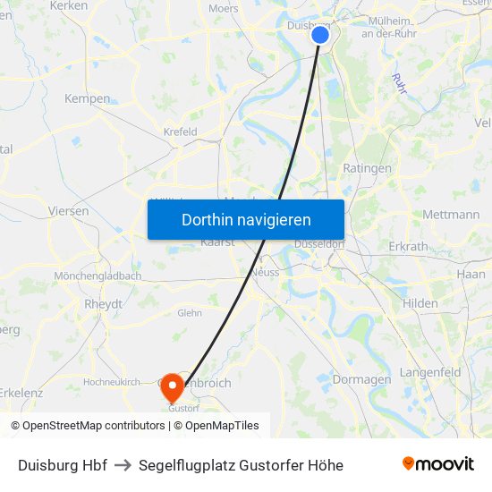 Duisburg Hbf to Segelflugplatz Gustorfer Höhe map