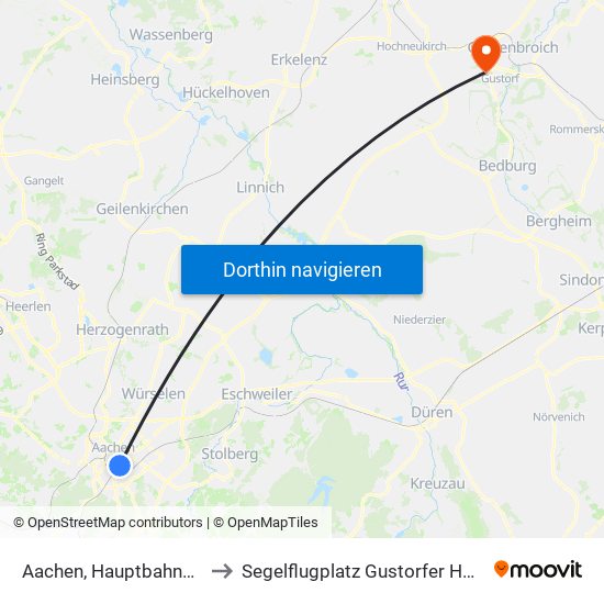 Aachen, Hauptbahnhof to Segelflugplatz Gustorfer Höhe map