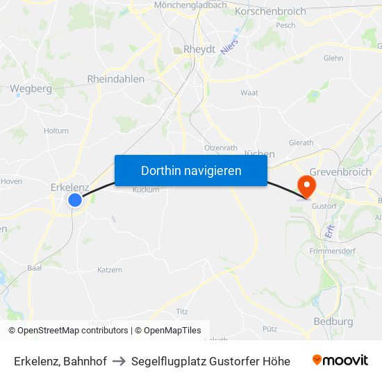 Erkelenz, Bahnhof to Segelflugplatz Gustorfer Höhe map