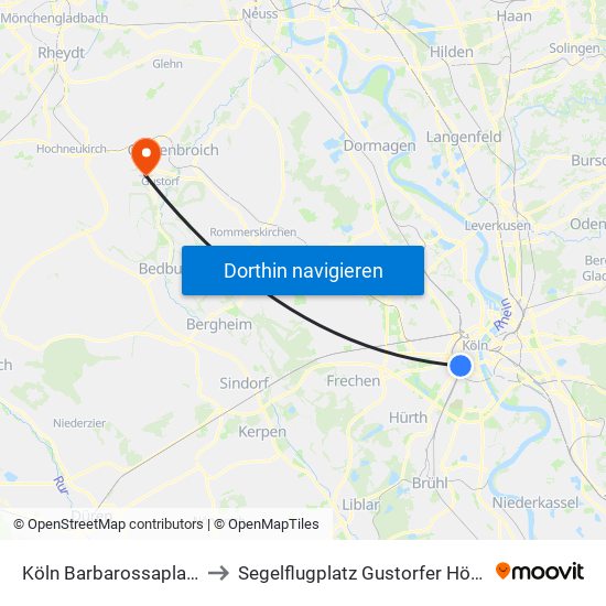 Köln Barbarossaplatz to Segelflugplatz Gustorfer Höhe map