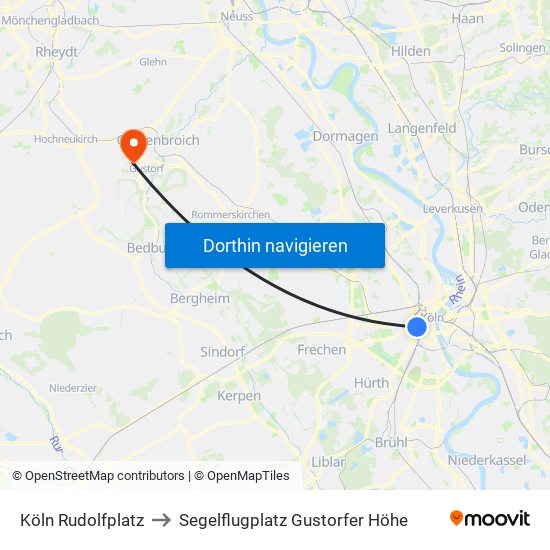 Köln Rudolfplatz to Segelflugplatz Gustorfer Höhe map
