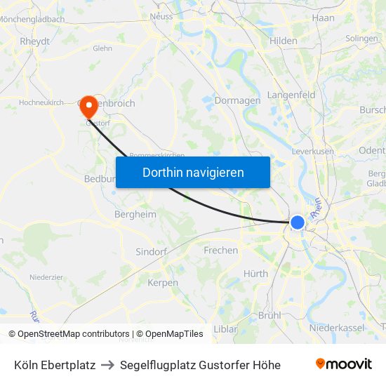Köln Ebertplatz to Segelflugplatz Gustorfer Höhe map