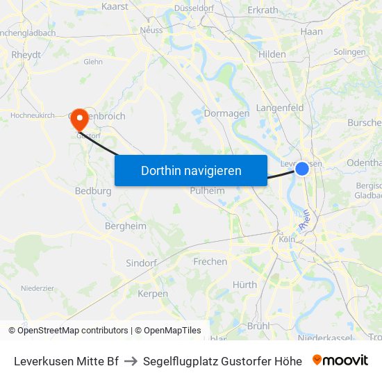 Leverkusen Mitte Bf to Segelflugplatz Gustorfer Höhe map