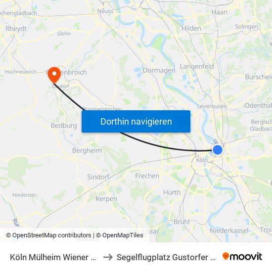 Köln Mülheim Wiener Platz to Segelflugplatz Gustorfer Höhe map