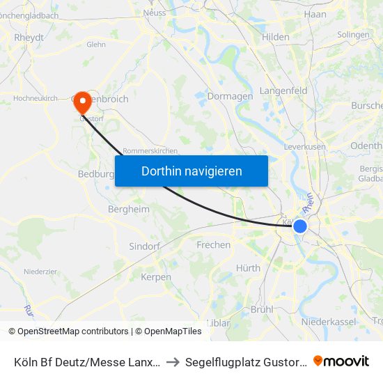 Köln Bf Deutz/Messe Lanxess Arena to Segelflugplatz Gustorfer Höhe map