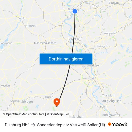 Duisburg Hbf to Sonderlandeplatz Vettweiß-Soller (Ul) map