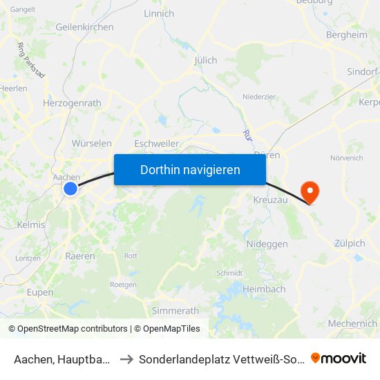 Aachen, Hauptbahnhof to Sonderlandeplatz Vettweiß-Soller (Ul) map