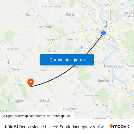 Köln Bf Deutz/Messe Lanxess Arena to Sonderlandeplatz Vettweiß-Soller (Ul) map