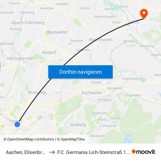 Aachen, Elisenbrunnen to F.C. Germania Lich-Steinstraß 1927 E.V. map