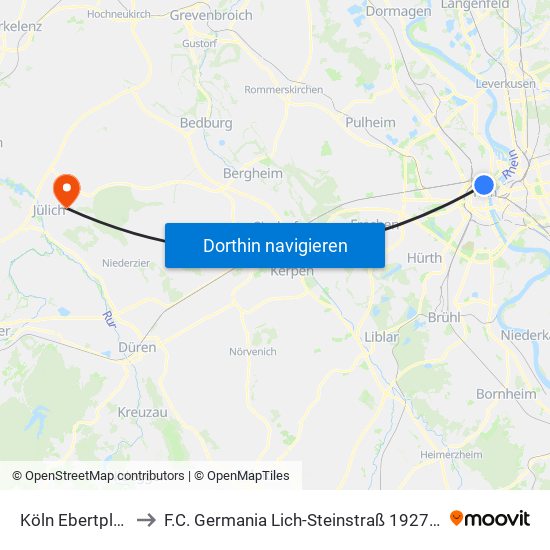 Köln Ebertplatz to F.C. Germania Lich-Steinstraß 1927 E.V. map