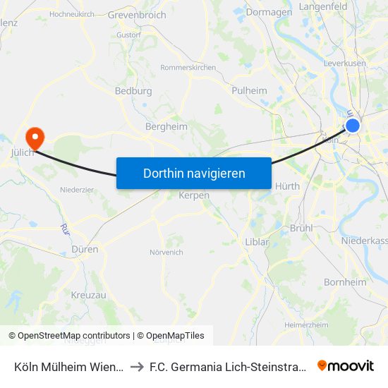 Köln Mülheim Wiener Platz to F.C. Germania Lich-Steinstraß 1927 E.V. map