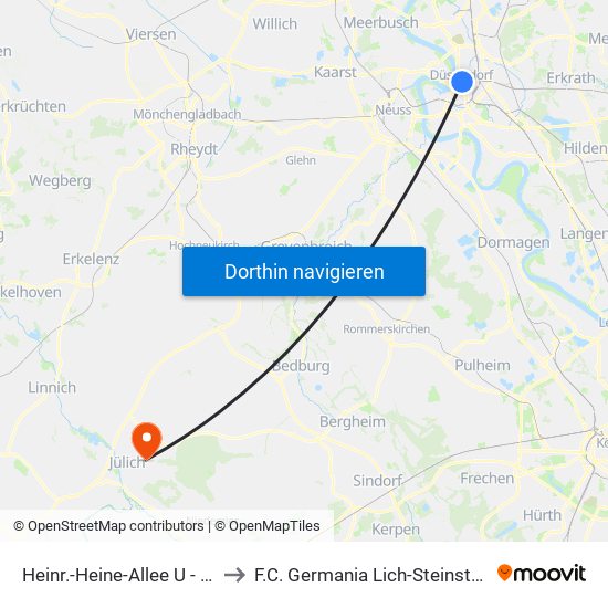 Heinr.-Heine-Allee U - Düsseldorf to F.C. Germania Lich-Steinstraß 1927 E.V. map