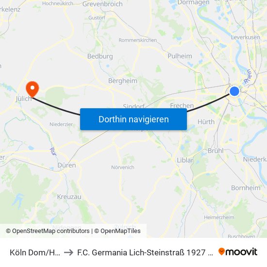 Köln Dom/Hbf to F.C. Germania Lich-Steinstraß 1927 E.V. map