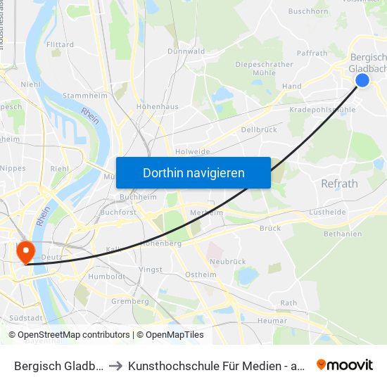 Bergisch Gladbach (S) to Kunsthochschule Für Medien - am Malzbüchel map