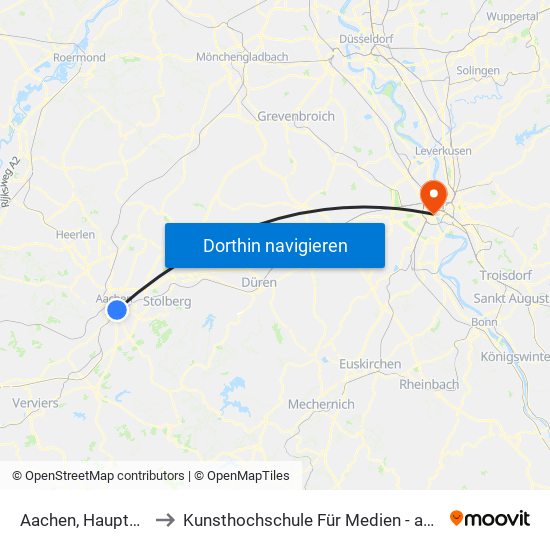 Aachen, Hauptbahnhof to Kunsthochschule Für Medien - am Malzbüchel map