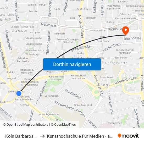 Köln Barbarossaplatz to Kunsthochschule Für Medien - am Malzbüchel map