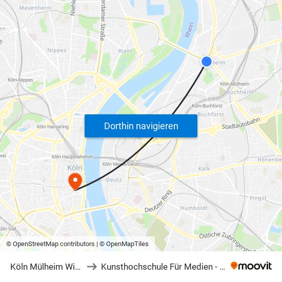 Köln Mülheim Wiener Platz to Kunsthochschule Für Medien - am Malzbüchel map