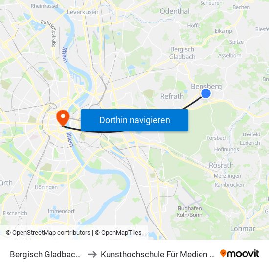 Bergisch Gladbach Bensberg to Kunsthochschule Für Medien - am Malzbüchel map