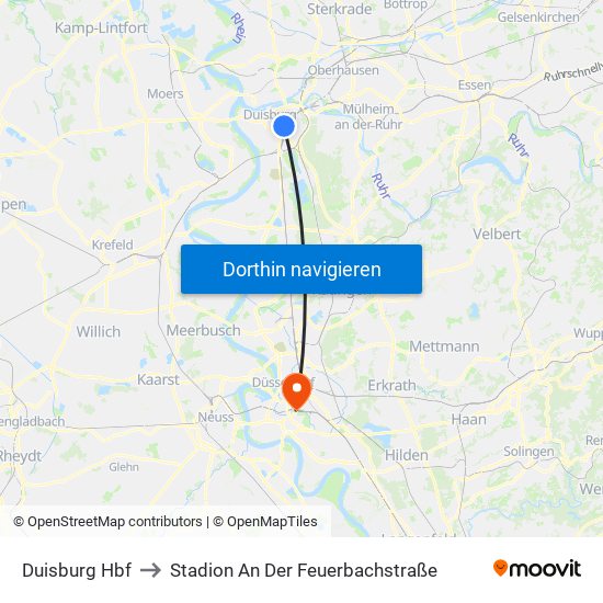 Duisburg Hbf to Stadion An Der Feuerbachstraße map