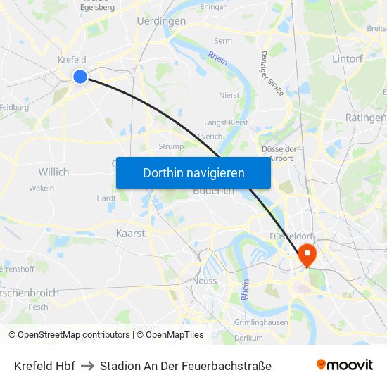 Krefeld Hbf to Stadion An Der Feuerbachstraße map