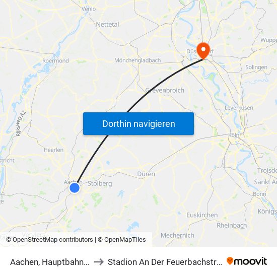 Aachen, Hauptbahnhof to Stadion An Der Feuerbachstraße map