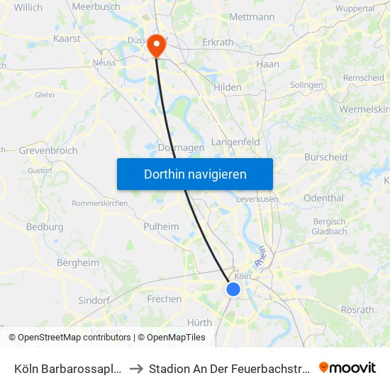 Köln Barbarossaplatz to Stadion An Der Feuerbachstraße map