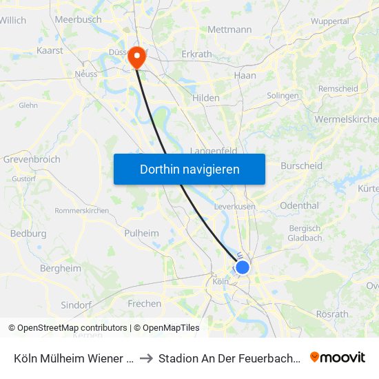 Köln Mülheim Wiener Platz to Stadion An Der Feuerbachstraße map