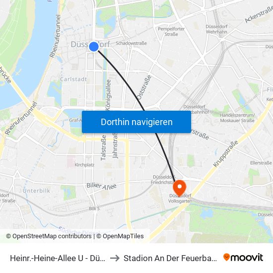 Heinr.-Heine-Allee U - Düsseldorf to Stadion An Der Feuerbachstraße map