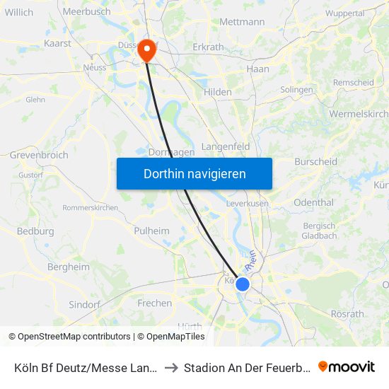 Köln Bf Deutz/Messe Lanxess Arena to Stadion An Der Feuerbachstraße map