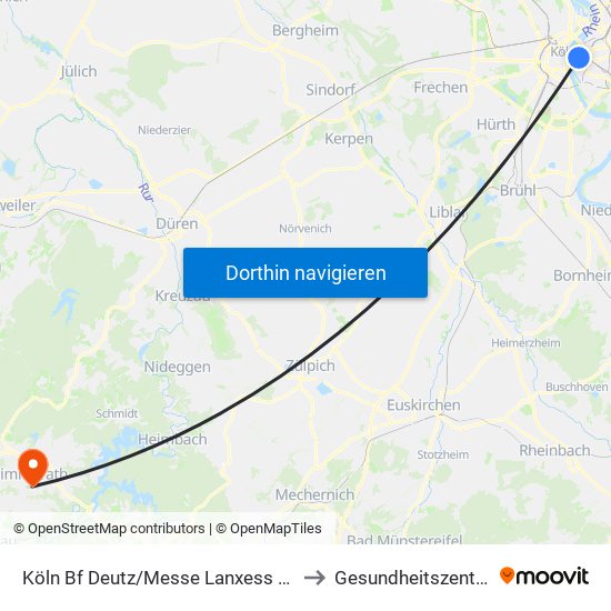 Köln Bf Deutz/Messe Lanxess Arena to Gesundheitszentrum map