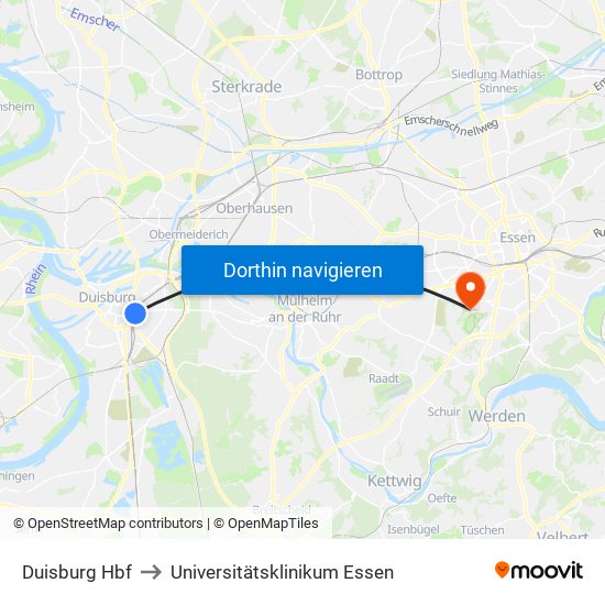 Duisburg Hbf to Universitätsklinikum Essen map