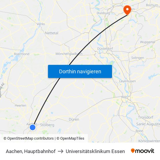 Aachen, Hauptbahnhof to Universitätsklinikum Essen map