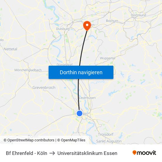 Bf Ehrenfeld - Köln to Universitätsklinikum Essen map