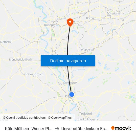 Köln Mülheim Wiener Platz to Universitätsklinikum Essen map