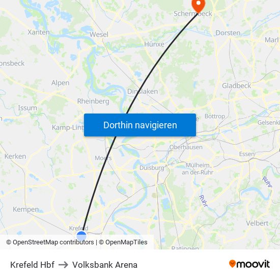 Krefeld Hbf to Volksbank Arena map