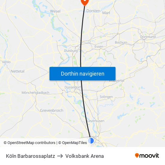 Köln Barbarossaplatz to Volksbank Arena map