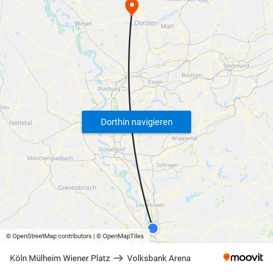 Köln Mülheim Wiener Platz to Volksbank Arena map