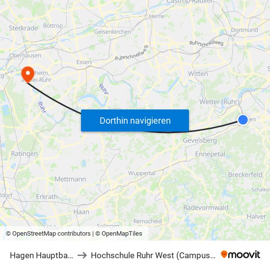 Hagen Hauptbahnhof to Hochschule Ruhr West (Campus Mülheim) map