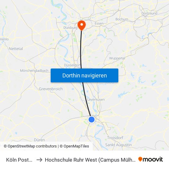 Köln Poststr. to Hochschule Ruhr West (Campus Mülheim) map