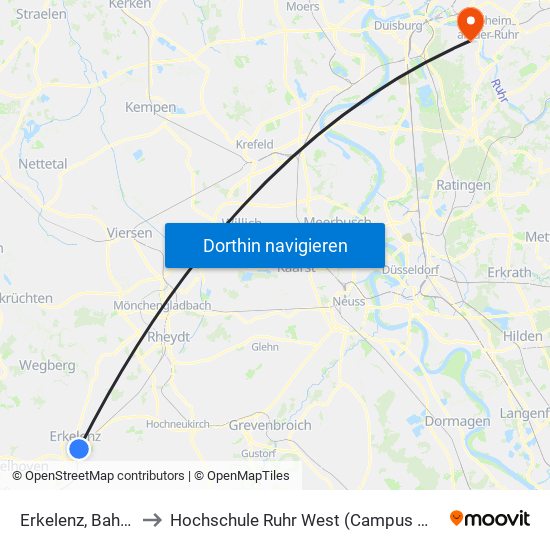 Erkelenz, Bahnhof to Hochschule Ruhr West (Campus Mülheim) map