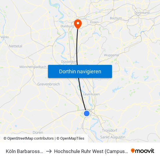 Köln Barbarossaplatz to Hochschule Ruhr West (Campus Mülheim) map