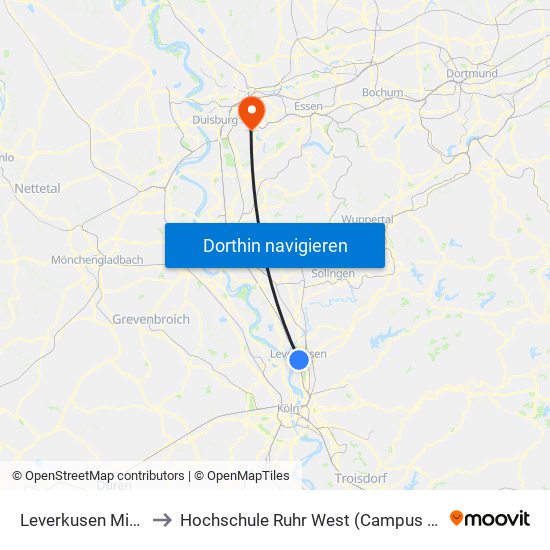 Leverkusen Mitte Bf to Hochschule Ruhr West (Campus Mülheim) map