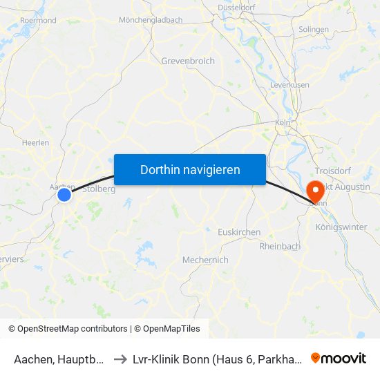 Aachen, Hauptbahnhof to Lvr-Klinik Bonn (Haus 6, Parkhaus, Küche) map