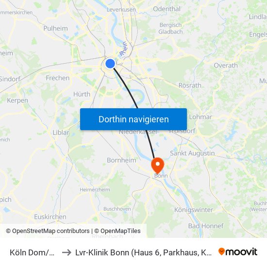 Köln Dom/Hbf to Lvr-Klinik Bonn (Haus 6, Parkhaus, Küche) map