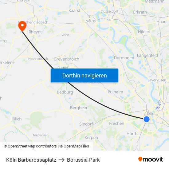 Köln Barbarossaplatz to Borussia-Park map