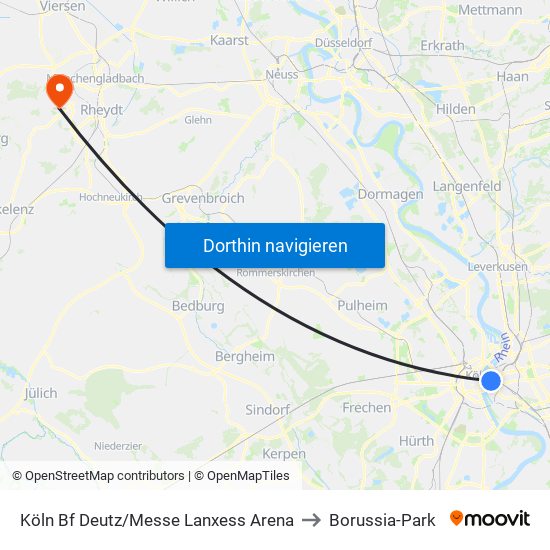 Köln Bf Deutz/Messe Lanxess Arena to Borussia-Park map