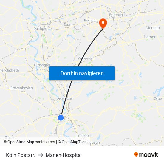 Köln Poststr. to Marien-Hospital map