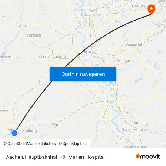 Aachen, Hauptbahnhof to Marien-Hospital map