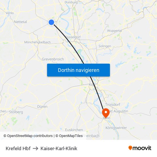 Krefeld Hbf to Kaiser-Karl-Klinik map
